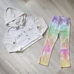 Girls Spring French Terry Denim Hood Jacket White, Rainbow Jeans Size 10 NWOT